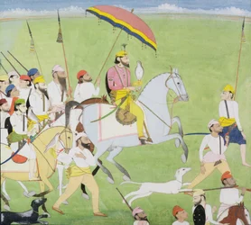 Rajah Dhian Singh (1796-1840) på jakt med följeslagare, ca 1834-40