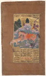 Rakhsh slåss mot lejonet för att skydda Rustam, ca 1610 (ogenomskinlig wc & guld på papper)