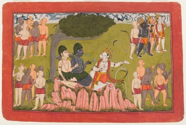 Rama och Lakshmana konfererar med Sugriva om sökandet efter Sita, folio från en spridd Ramayana-serie, ca 1770-10 (wc på papper)