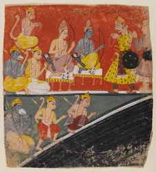 Rama och Lakshmana tar emot sändebud, sida från en spridd Ramayana-serie, ca 1634 (wc på papper)