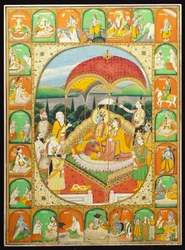 Rama och Sita Enthroned, dyrkade av Shiva, Hanuman och andra, 1800-20