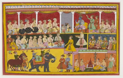 Rama lyssnar på Lava och Kusha som sjunger Ramayana, tillsammans med apor och Vibhishana