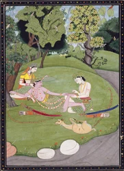 Rama lutar sig mot Sita, medan hans bror Laksman drar en tagg från sin fot, 1845 (gouache, bläck och guld på papper)