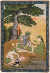 Rama, med Sita och Lakshmana i skogen, från Ramayana, ca 1790 (ogenomskinlig wc & guld på papper)