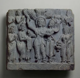 Relief som visar Buddhas födelse, Gandhara, förmodligen Sikri, 2:a-3:e århundradet (skifer)