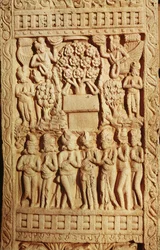 Relief som visar tillbedjan av Buddha representerad av ett träd, sena mauryanperioden, Sunga-dynastin (180-72 f.Kr.)