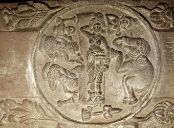 Relief som visar drömmen om Maya, från en buddhistisk stupa från Bharhut, Madhya Pradesh, sena Mauryan-perioden, Sunga-dynastin (180-72 f.Kr.)