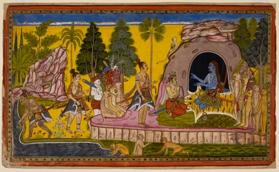 Rāma kröner Vibhīṣaṇa till kung av Laṅkā och förbereder sig för att söka Oceanens hjälp för att skapa en väg till Laṅkā. 1653 (miniatyr)