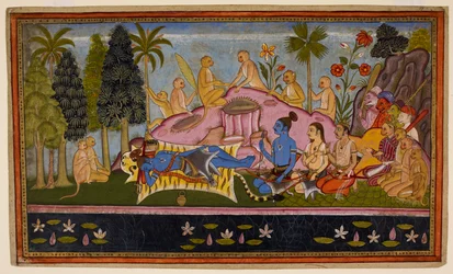Rāma, i sitt tigerskinn, tillbringar tre dagar med att vädja till havet, men det reagerar inte. c1653 (miniatyr)