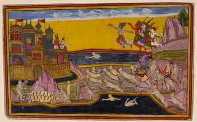 Rāma bygger med hjälp av apingenjören Nala en bro över havet till Laṅkā, så att aporna och demonerna kan ta sig över, ca 1653 (miniatyr)