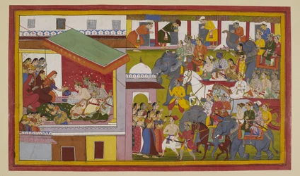 Rāmas triumferande procession går in i Ayodhyā; han bugar inför drottningarna