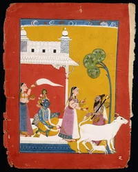 Rukmini erbjuder vatten till vismannen Narada medan hennes gemål Krishna sitter i hennes hus, ca 1725-1730