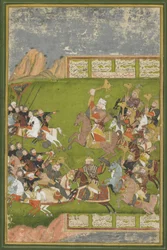 Rustam besegrar Afrasiyab, från en Shahnama, Mughal-dynasti (ogenomskinlig wc & guld på papper)