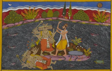 Rāvaṇa kämpar mot mahāpuruṣa, den vise Kapila, som besegrar honom