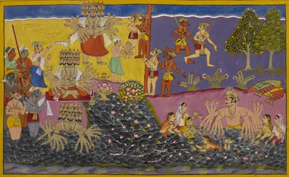 Rāvaṇa tillber lingan vid Narmada medan kung Arjuna badar i närheten