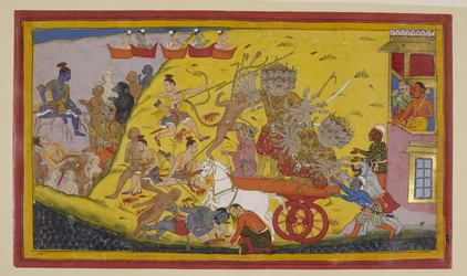 Rāvaṇa sårar Lakṣmaṇa; Hanumān slår Rāvaṇa och räddar Lakṣmaṇa.