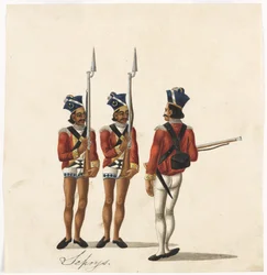 Sepoys och en indisk officer, Bengal Army, ca 1815 (akvarell på papper)