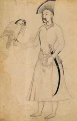 Shah Abbas I av Persien (1588-1629) håller en falk, efter ett original från tidigt 1600-tal, Mughal, tidigt 1800-tal (penselteckning på papper)