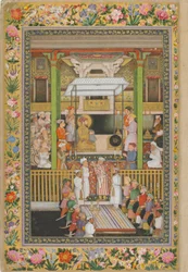 Shah Jahan hedrar den religiösa ortodoxin, sida från St. Petersburgs album, ca 1635 (ogenomskinlig akvarell och guld på papper)