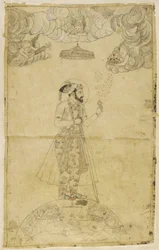 Shah Jahan står på en jordglob (guld & färg på papper)
