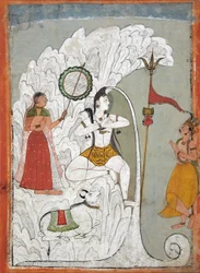 Shiva som bär nedstigningen av Gangesfloden, folio från ett hindimanuskript av helgonet Narayan, ca 1740
