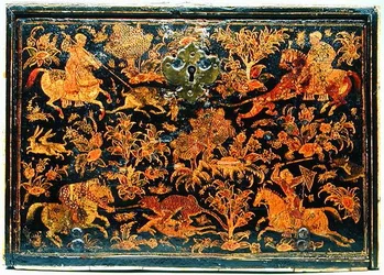 Sida av ett skrivskåp föreställande adelsmän som jagar, 1600-talet (lackerat trä)