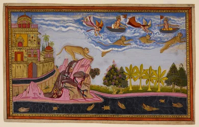 Sītā ber för Hanumān, som lugnar henne och återvänder, flygande genom molnen, överöst med blommor. 1653 (miniatyr)