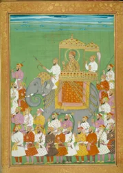 Sultan Akbar rider på en elefant med Shah Alems hov. Miniatyr från en reseberättelse av Niccolo Manucci (1638 - 1717), venetiansk upptäcktsresande. Indien