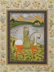 Kejsaren Muhammad Shah, ryttare, på jaktfältet, ca 1750 (ogenomskinlig wc & guld på papper)