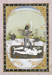 Gudinnan Kali representerad i en Kangra-målning, Himachal Pradesh, ca 1820-5 (ogenomskinlig akvarell och guldfärg på papper)