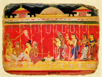 Krishnas föräldrars äktenskap, från ett spritt manuskript av Bhagavata Purana från Mewar, Rajasthan, ca 1520-50 (ogenomskinlig wc på papper)