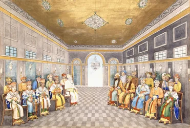 Nawaberna och kungarna av Oudh i ett palatsinteriör med sina tjänare i närvaro, ca 1800