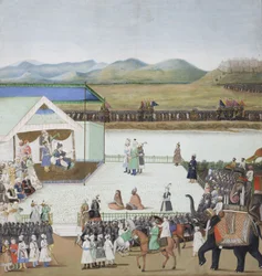 Den turkiske sultanen Bayazid fördes till fånga före Timur, ca 1850 (ogenomskinlig wc & guld på papper)