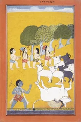 Den unge Krishna dödar demonen Vatsasura, som kom i skepnad av en kalv, ca 1730-1740