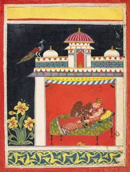 Två älskare i en paviljong, från en "Amarushataka" (Hundra dikter av Amaru), eller en oidentifierad erotisk serie, ca 1680 (ogenomskinlig akvarell och guld på papper)