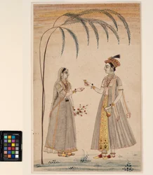 Två kvinnor under ett träd, ca 1750 (ogenomskinlig akvarell och guld på papper)