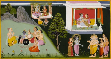 Uma och Siva gifter sig, medan gudarna, ledda av Brahma, ber Siva om en son som ska skydda dem