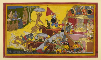 Vajradaṃṣṭra dödas av Aṅgada bland omen; Rāmas sida gläder sig