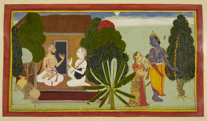Valmiki och Narada konverserar till vänster, med Rama och Sita till höger