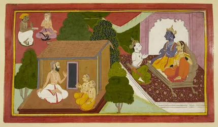 Valmiki undervisar Kusha och Lava, medan Rama och Sita får råd av en budbärare