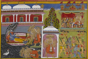 Viṣṇu vilar med Lakshmi när Rāvaṇa faller, för sedan bort kvinnor i sin vagn