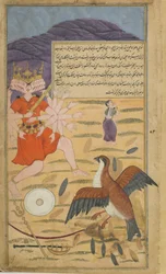 Vol.1 fol.132 Gamen Jatayus hör Sitas vädjan och kämpar mot Ravana (ogenomskinlig akvarell, bläck och guld på papper)