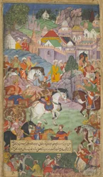 Vol.1 fol.20 Dasaratha ger sig ut mot Angada för att bjuda in Rsyasrnga till sin boning (ogenomskinlig wc, bläck och guld på papper)