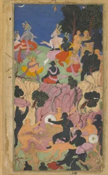 Vol.2 fol.194 Rama konfererar med Vanara-hövdingarna på Suvelaberget (ogenomskinlig akvarell, bläck och guld på papper)