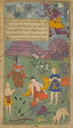 Vol.2 fol.199 Laksmana drabbas av Indrajitas magiska pilar (ogenomskinlig akvarell, bläck och guld på papper)
