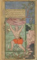 Vol.2 fol.217 Dvivida kastar ett uppryckt berg vid Kumbhakarna (ogenomskinlig akvarell, bläck och guld på papper)