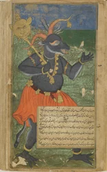 Vol.2 fol.218 Kumbhakarna svarar på Dvividas attack (ogenomskinlig akvarell, bläck och guld på papper)