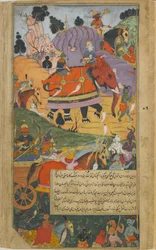 Vol.2 fol.225 Demonvärden börjar striden (ogenomskinlig akvarell, bläck och guld på papper)