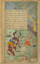 Vol.2 fol.226 Angada slår demonen Narantaka (ogenomskinlig akvarell, bläck och guld på papper)