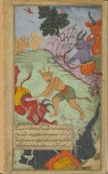 Vol.2 fol.227 Angada slår ner Devantaka med en bete sliten från Mahodaras elefant (ogenomskinlig akvarell, bläck och guld på papper)